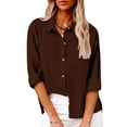 thumbnail image 1 of yardsong Womens Button Down Cotton Linen Shirts V Neck Roll Up Long Sleeve Blouses Loose Collared Work Shirt Fall Casual Tops Plus Size Brown,XXXXL, 1 of 8