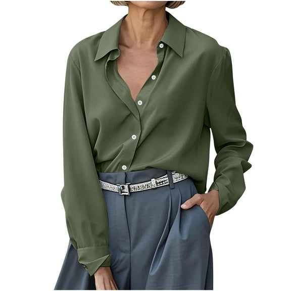 yardsong Womens Button Down Shirt Long Sleeve Business Blouse Classic Fit Collared Office Chiffon Stretchy Formal Dress Shirts 2025 Green,M