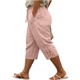 thumbnail image 1 of yardsong Womens Capri Pants Lace Trim Boho Casual Cotton Linen Capris Plus Size Lightweight Drawstring Waist Crop Pant with Pocket Pink,XXXXL, 1 of 6