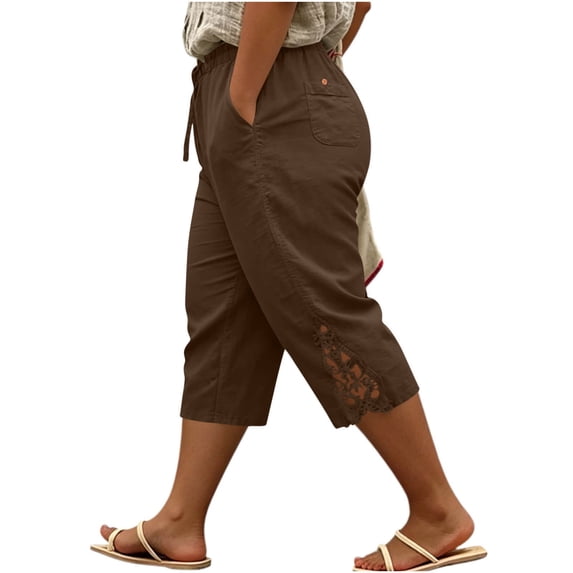 yardsong Womens Capri Pants Lace Trim Elastic Waist Casual Plus Size Summer Straight Leg Cropped Trousers with Back Pockets 2026 Brown,XXXXXL