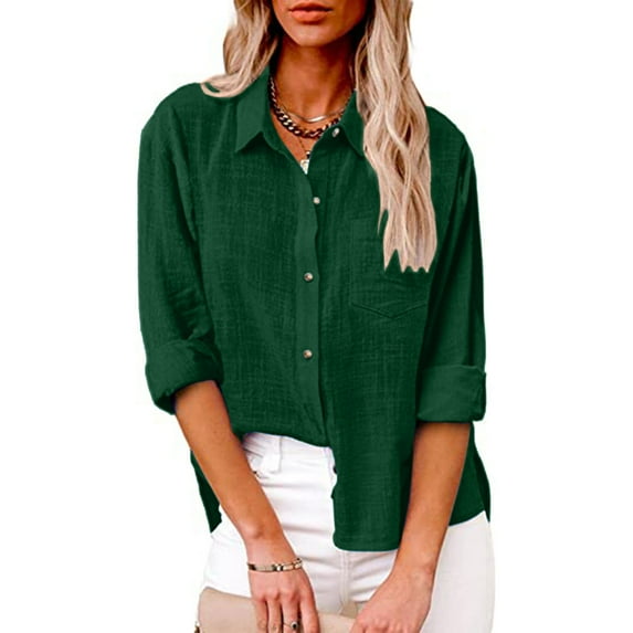 yardsong Womens Cotton Linen Button Down Shirt 2024 Fall Plus Size Casual Long Sleeve Solid Color Shirts Loose Work Tops with Pockets Green,XXXXXL