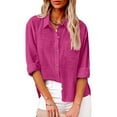 thumbnail image 1 of yardsong Womens Cotton Linen Button Down Shirt 2024 Fall Plus Size Casual Long Sleeve Solid Color Shirts Loose Work Tops with Pockets Hot Pink,XXXL, 1 of 8