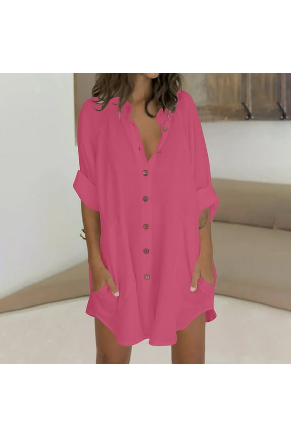 Womens Cotton Linen Button Down Tunic Blouses Solid Long Sleeve Lapel Neck Shirts 2024 Summer Long Length Loose Work Tops with Pockets Hot Pink,L