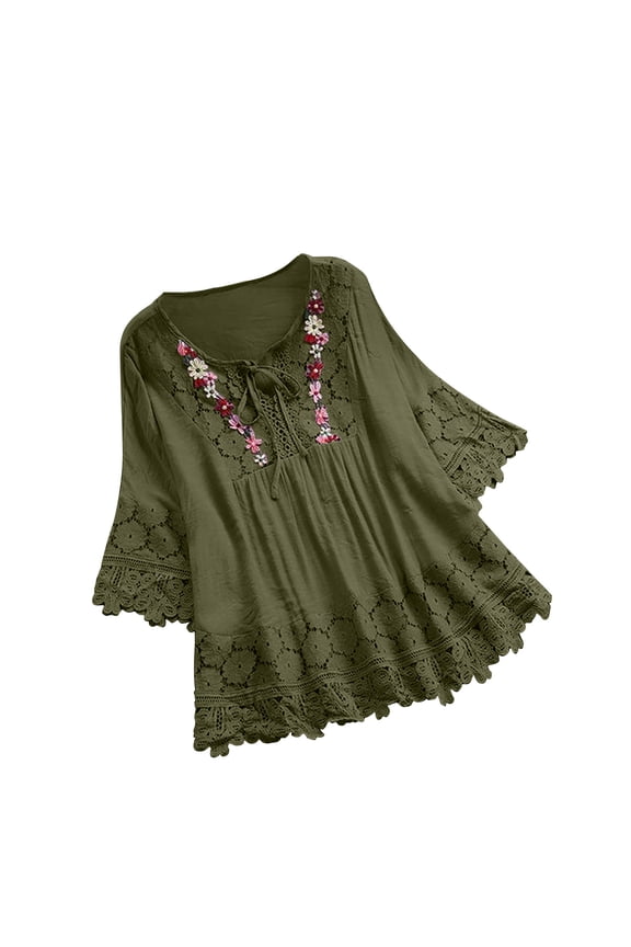 Cotton Linen Tops for Women Vintage Lace Patchwork Bow Tie V-Neck Embroidery Shirts 3/4 Bell Sleeve Plus Size Tunic Blouse Army Green,M