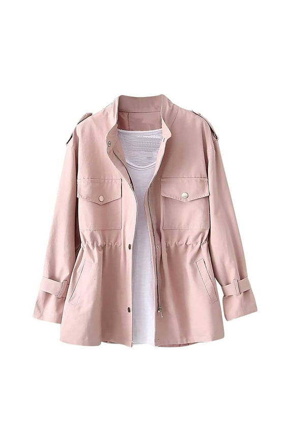 Womens Fall Jacket Cinched Waist Long Sleeve Zip Up Stand Collar Casual Jackets Coats Loose Outerwear with Pockets Pink,L