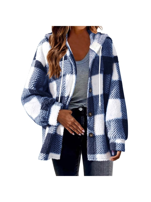 Womens Fuzzy Plaid Flannel Jacket with Drawstring Casual Trendy Fleece Buffalo Sherpa Shacket Hooded Teddy Warm Jackets Coats Blue,M
