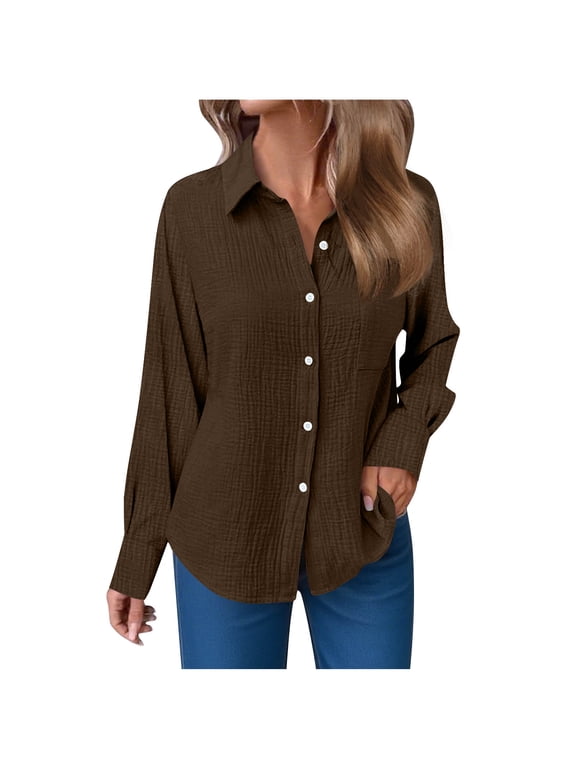 Womens Gauze Button Down Shirt Fall Fashion Long Sleeve Collared Tops Business Casual Blouse with Pockets 2025 Brown,M