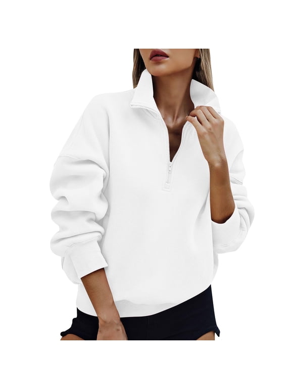 Womens Half Zip Oversized Sweatshirts Fleece Stand Collar Sweater 2026 Trendy Long Sleeve Pullover Tops Y2k Fall Outfits White,S