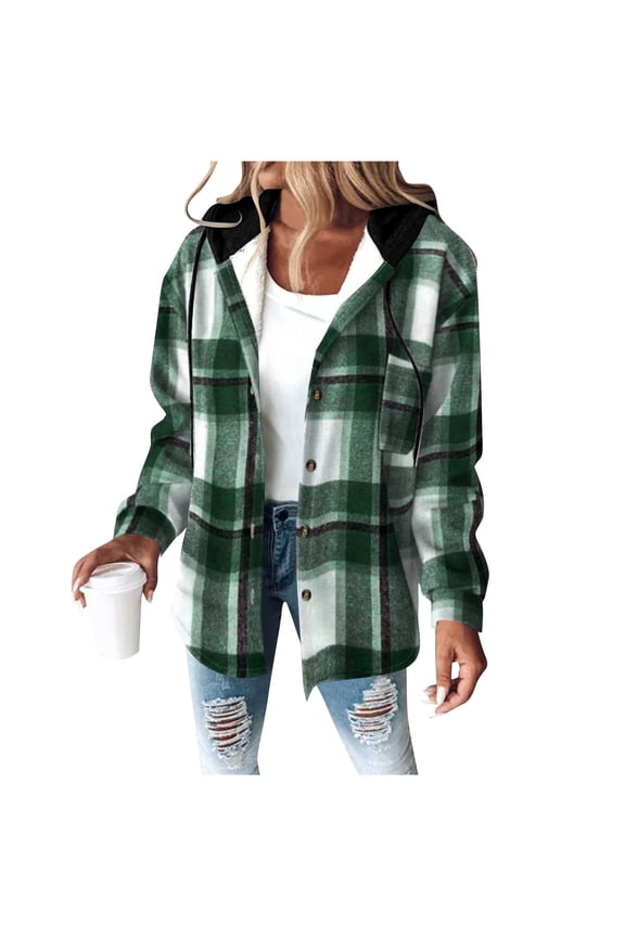 Womens Lightweight Buffalo Plaid Jacket 2025 Flannel Hoodies Long Sleeve Button Down Shacket Fleece Lined Hooded Jackets Coat Green,XL