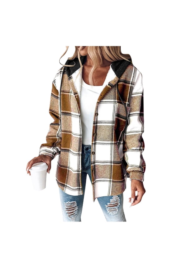 Womens Lightweight Buffalo Plaid Jacket 2025 Flannel Hoodies Long Sleeve Button Down Shacket Fleece Lined Hooded Jackets Coat Khaki,L