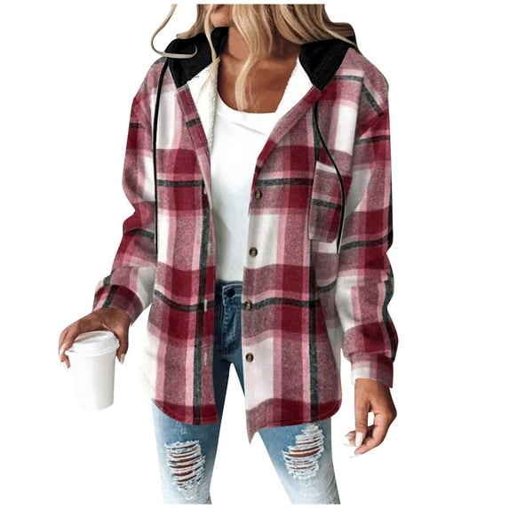yardsong Womens Lightweight Buffalo Plaid Jacket 2025 Flannel Hoodies Long Sleeve Button Down Shacket Fleece Lined Hooded Jackets Coat Wine,M