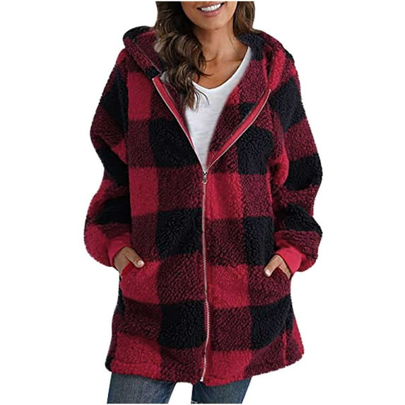 yardsong Womens Plaid Flannel Shirt Buffalo Print Shirts Cardigan Casual Long Sleeve Zip up Blouses Loose Tunic Tops Red,XL