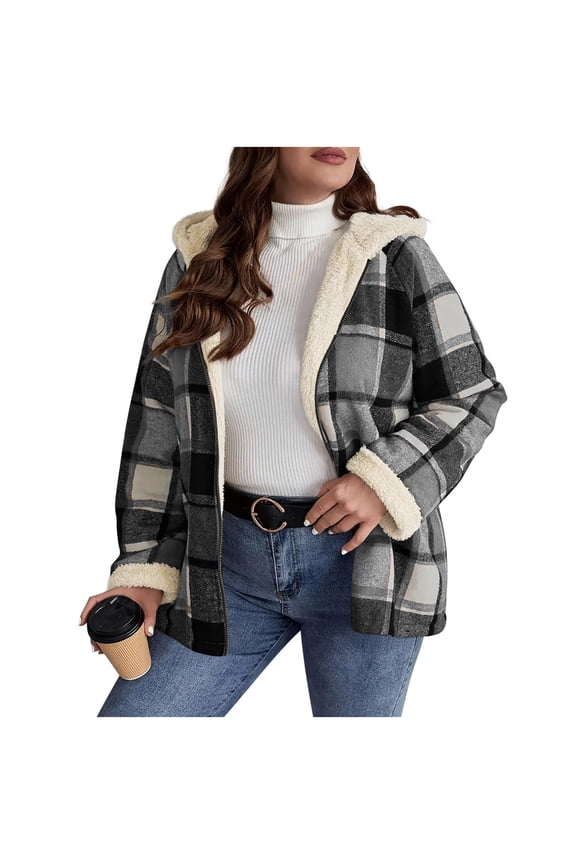 Womens Plaid Shacket Sherpa Lined Flannel Jacket Oversized Zip Up Winter Warm Fleece Hoodie Coat Outwear Gray,M