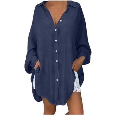 YMING Women's Striped Long Sleeve Maxi Shirt Dress - Cotton Linen Button Down Loose Fit Blouse Dress