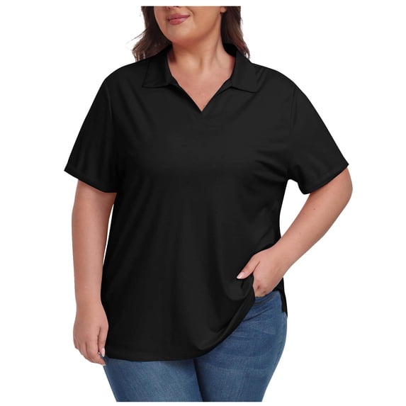 yardsong Womens Plus Size Golf Shirts Loose Short Sleeve V-Neck Tennis Workout Tops Collared Quick-Dry UPF 50+ Side Split Summer Tee Black,L