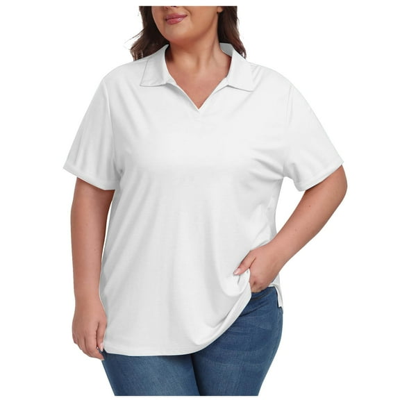 yardsong Womens Plus Size Golf Shirts Side Split Tennis Workout Tops UPF 50+ Quick-Dry Collared Loose Short Sleeve V-Neck Summer Tee White,XXXXXL