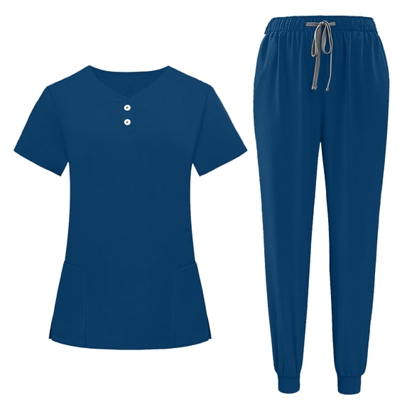 yardsong Womens Scrubs Sets Nurse Uniform Suit Medical Workwear Stretch Short Sleeve V Neck Tops and Jogger Pants with Multi Pocket Navy,XL