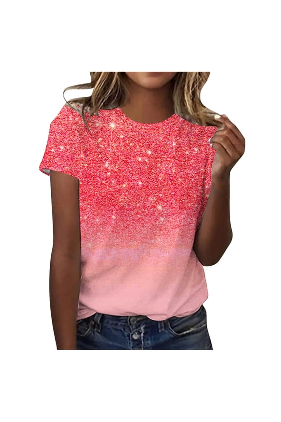 Womens Sequin Tops Fashion Sparkly Short Sleeves O-Neck Loose Casual Comfy Glitter Shirts, Going Out Tops for Women Red,S