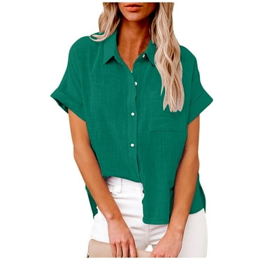 yardsong Womens Short Sleeve Button Down Shirts Summer Cotton Linen Blouse V Neck Collared Tops Pockets Casual Ladies Work Shirt 2024 Green,XXXXL