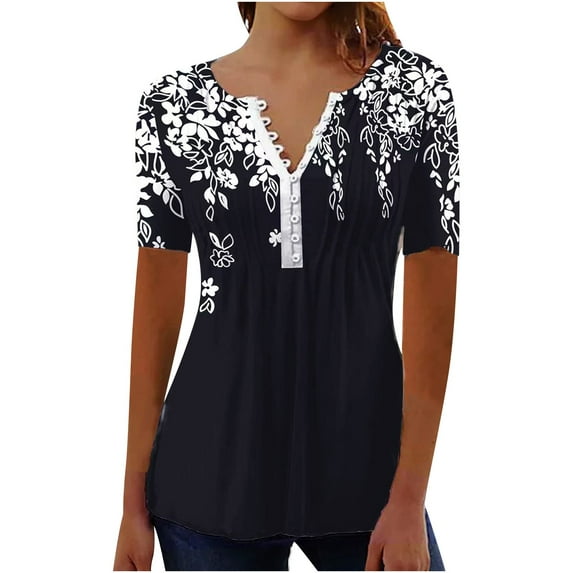 yardsong Womens Short Sleeve Henley Shirts Summer Tops Dressy Casual Button V Neck T Shirts Trendy Boho Floral Tunic Blouses Plus Size 2025 Black,M