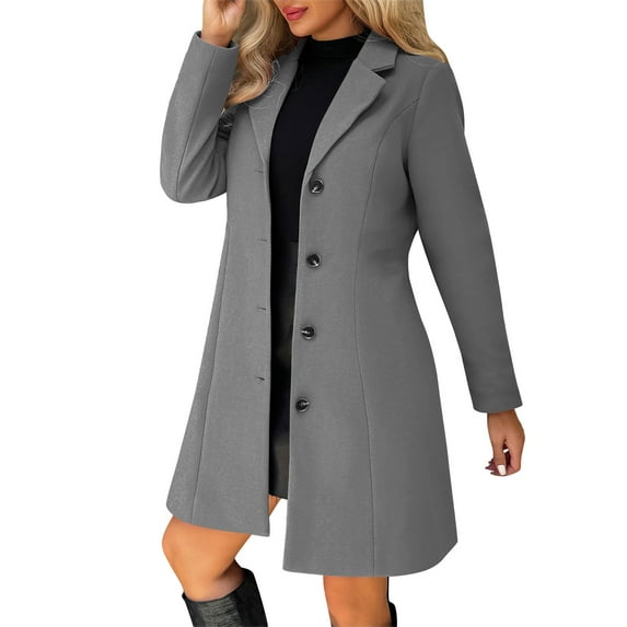 yardsong Womens Single Breasted Notched Lapel Warm Woolen Pea Coat Elegant Mid Length Fall Winter Overcoat Dark Gray,M