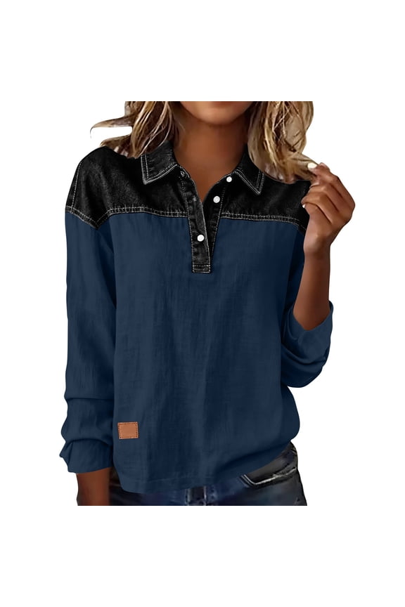 Womens Spring Oversized Long Sleeve Sweatershirt 2 in 1 Denim Lapel Sweater Dressy Polo Knit Sweater Polo Pullover Tops Navy,XXL