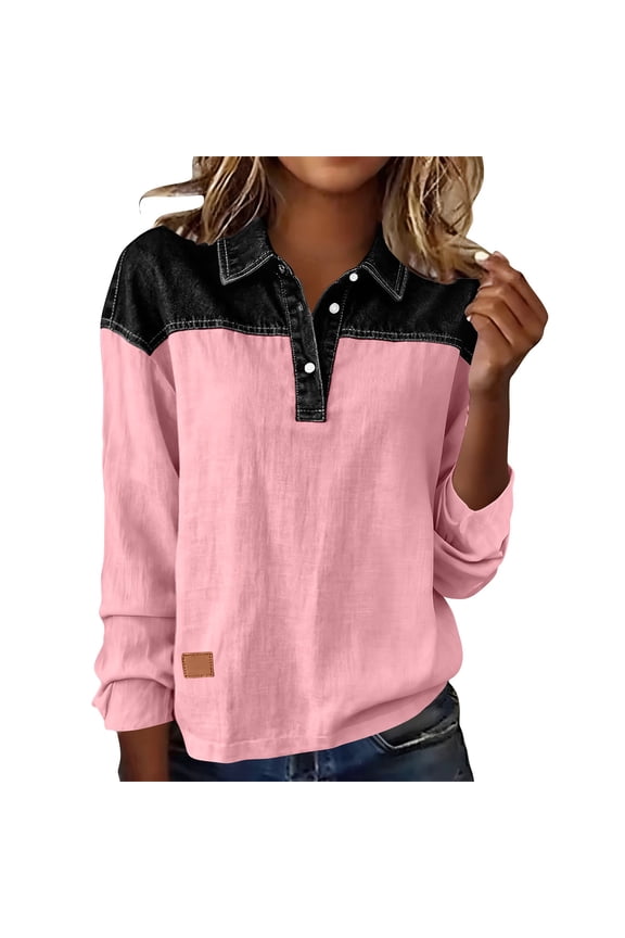 Womens Spring Oversized Long Sleeve Sweatershirt 2 in 1 Denim Lapel Sweater Dressy Polo Knit Sweater Polo Pullover Tops Pink,L