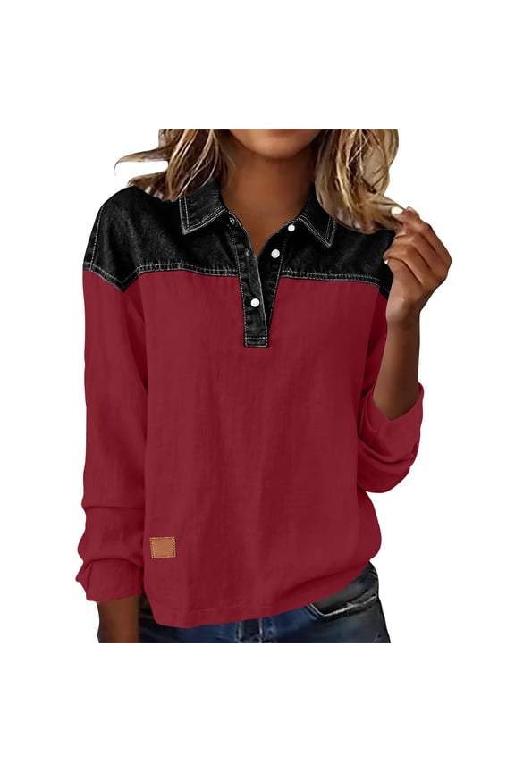 Womens Spring Oversized Long Sleeve Sweatershirt 2 in 1 Denim Lapel Sweater Dressy Polo Knit Sweater Polo Pullover Tops Wine,L