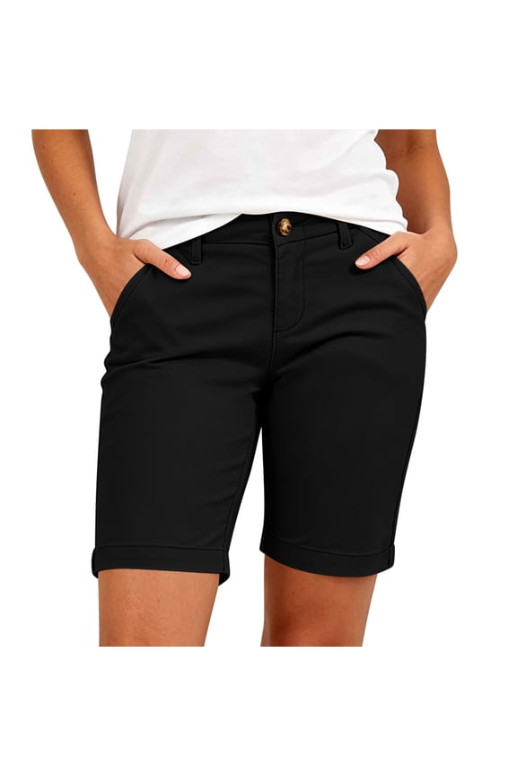 Womens Stretch Chino Bermuda Shorts Mid Rise Button Summer Straight Fit Cuffed Casual Dressy Work Shorts with Pockets 2026 Black,S