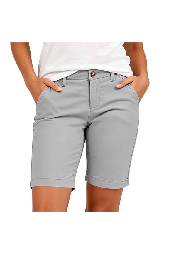 Womens Stretch Chino Bermuda Shorts Mid Rise Button Summer Straight Fit Cuffed Casual Dressy Work Shorts with Pockets 2026 Gray,S