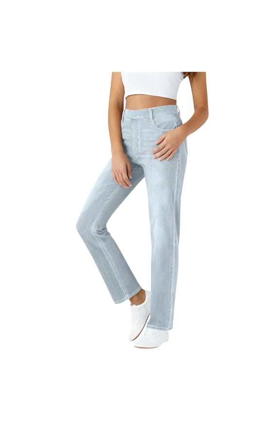 Womens Trendy Fake Jeans Jeggings Baggy Straight Leg Stretch Denim Trousers with Pockets Gray,XL