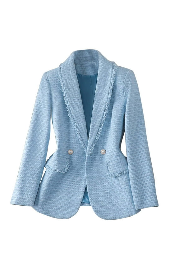 Womens Tweed Blazer Jackets Fall Winter Warm Fashion Notch Lapel Casual Open Front Tassle Trim Business Elegant Work Suit Blue,L