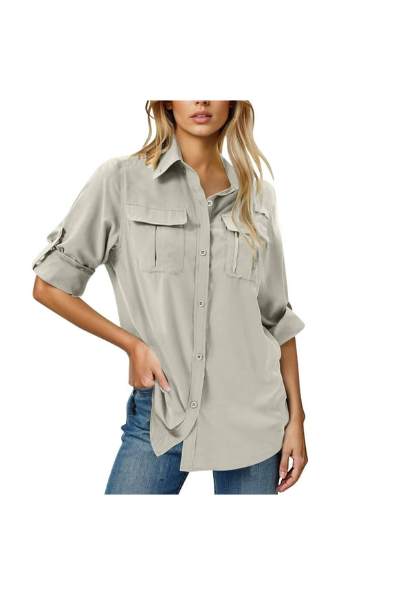 Womens UV Sun Protection Shirt UPF 50 Long Sleeve Button Down Safari Shirts Ladies Fishing Hiking Blouse with Pockets Beige,S