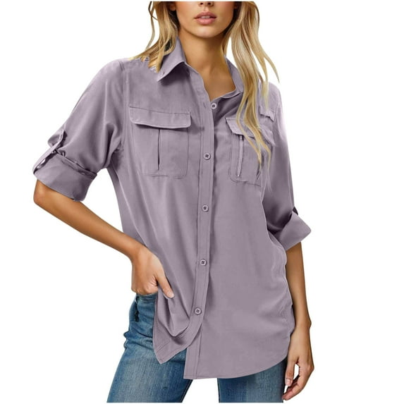 yardsong Womens UV Sun Protection Shirt UPF 50 Long Sleeve Button Down Safari Shirts Ladies Fishing Hiking Blouse with Pockets Purple,XL