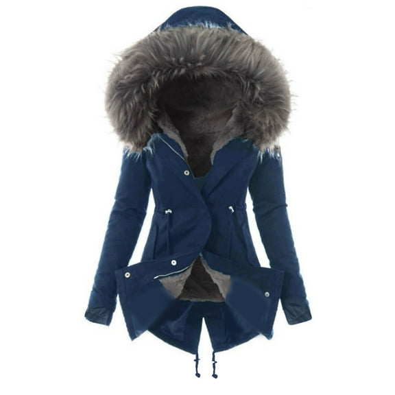 yardsong Womens Winter Coat Plus Size Faux Fur Lining Jackets Warm Thick Hooded Overcoat Fleece Lined Trench Coat Parkas Outwear Blue,M