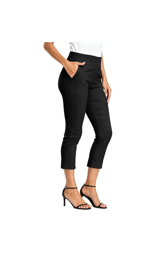 Womens Work Office Capris 2026 Stretch Elastic Waist Work Crop Pant with Pockets Summer Cuffed Business Dress Capri Slacks Black,S