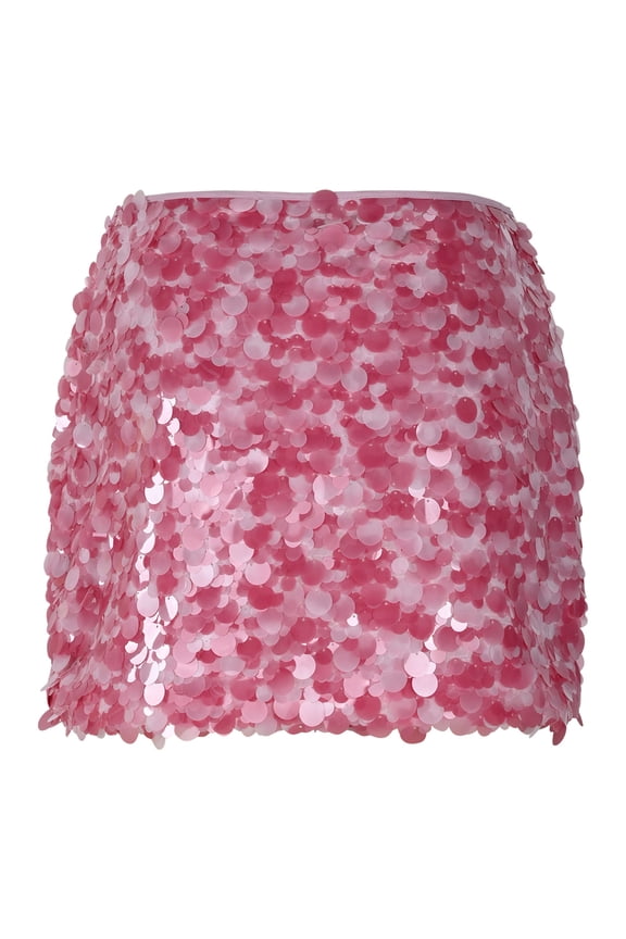 Womens Y2K Sparkle Sequin Mini Skirt Stretchy Low Waist Bodycon Shiny Glitter Club Party Night Out Dance Skirt Pink,S