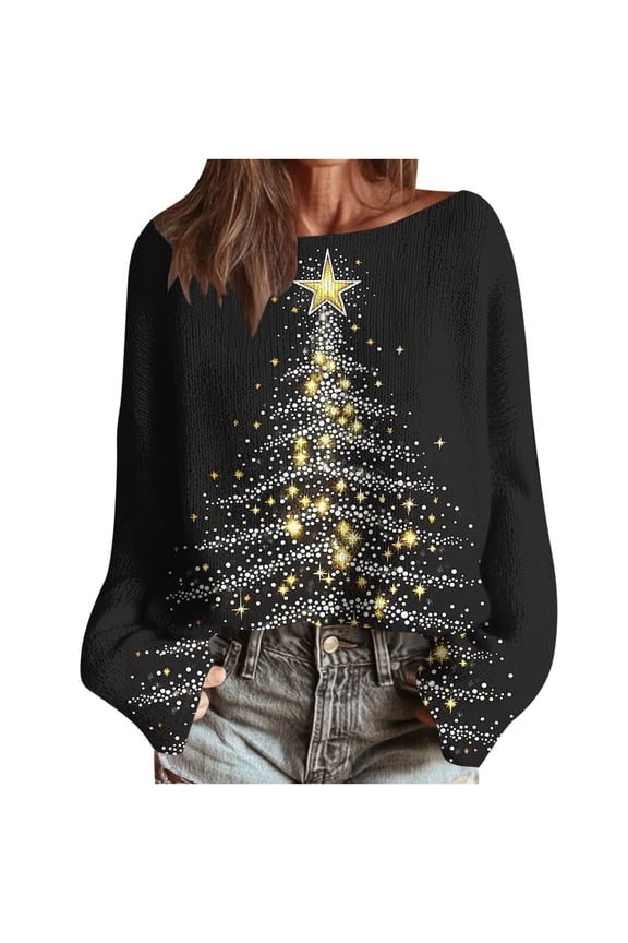 Xmas Trees Graphic Holiday Sweater for Women - Boat Neck Imitation Ugly Christmas Pullover Long Sleeve Tops Multicolor,XXL