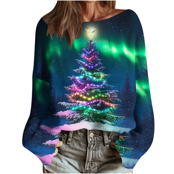 yardsong Xmas Trees Graphic Long Sleeve Pullover for Women - Boat Neck Imitation Ugly Christmas Sweater Holiday Tops Multicolor,XXL