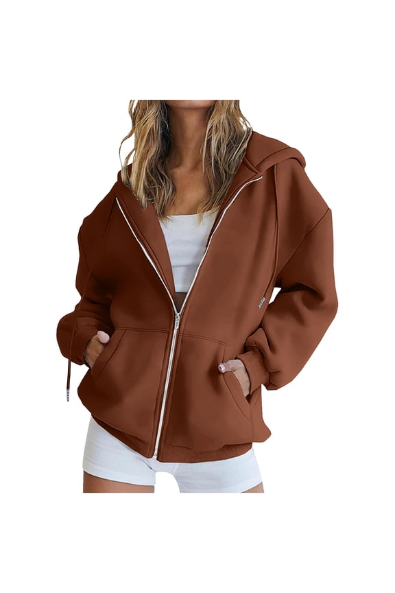 Zip Up Hoodie Women Oversized Fall Fashion Long Sleeve Hooded Sweatshirts Casual Y2K Jacket 2025 Preppy Outwear Brown,L