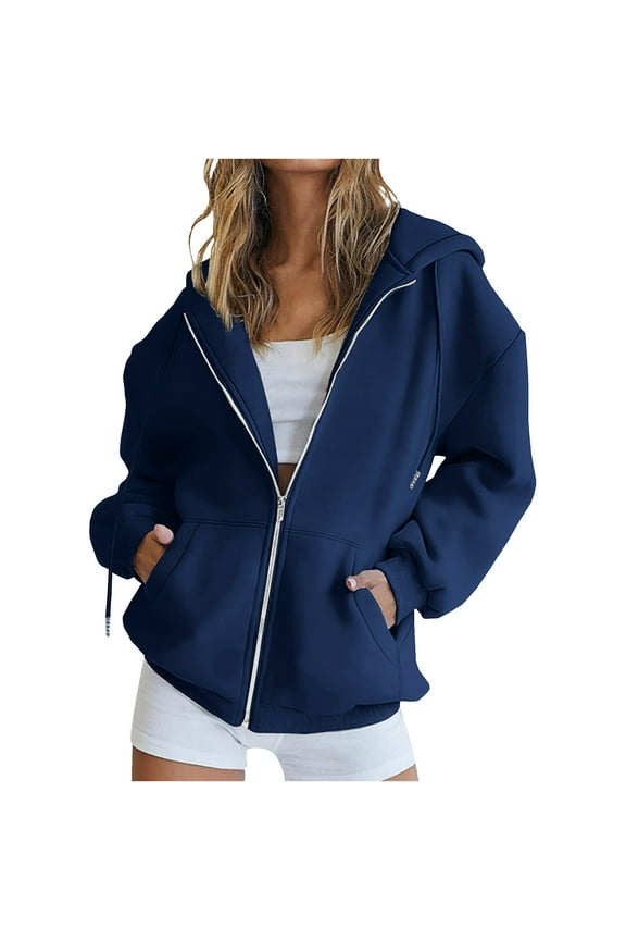 Zip Up Hoodie Women Oversized Fall Fashion Long Sleeve Hooded Sweatshirts Casual Y2K Jacket 2025 Preppy Outwear Navy,S