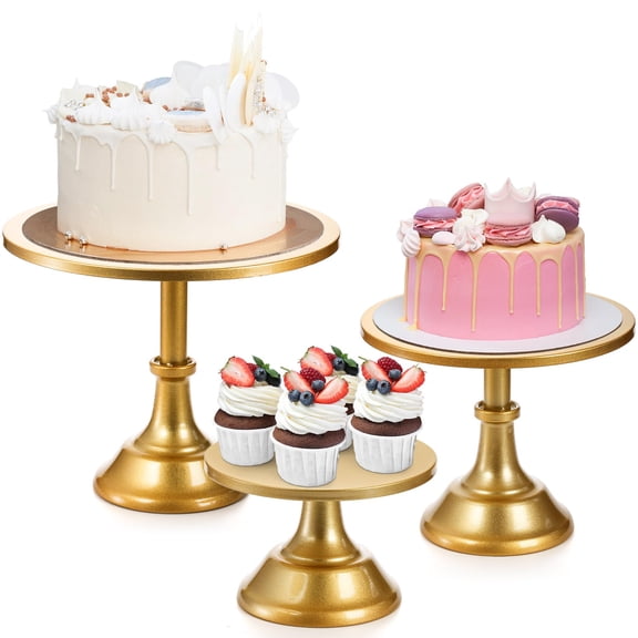 yarlung 3 Pack Gold Cake Stands, 8/10/12 Inch Metal Cupcake Display Stand Pillar Style Dessert Stand for Wedding, Party, Birthday, Celebration, 3 Sizes Y101