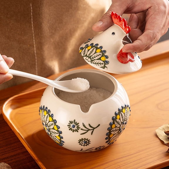 yatuiex 400ml Hand Painted Ceramic Spice Jar, Creative Rooster Lid Moisture-Proof Condiment Storage Container for Kitchen Counter Decor Green 1pc
