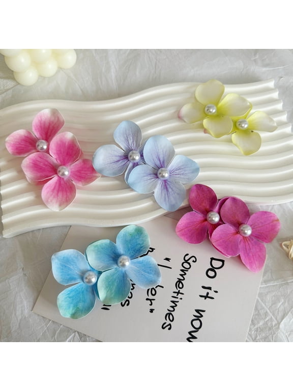 Gradient Hydrangea Double Flower Hairpin Set of 2, Imitation Pearl 3D Fabric Hair Clips for Summer Beach Picnic Date Daily Vacation Style Greyish Purple
