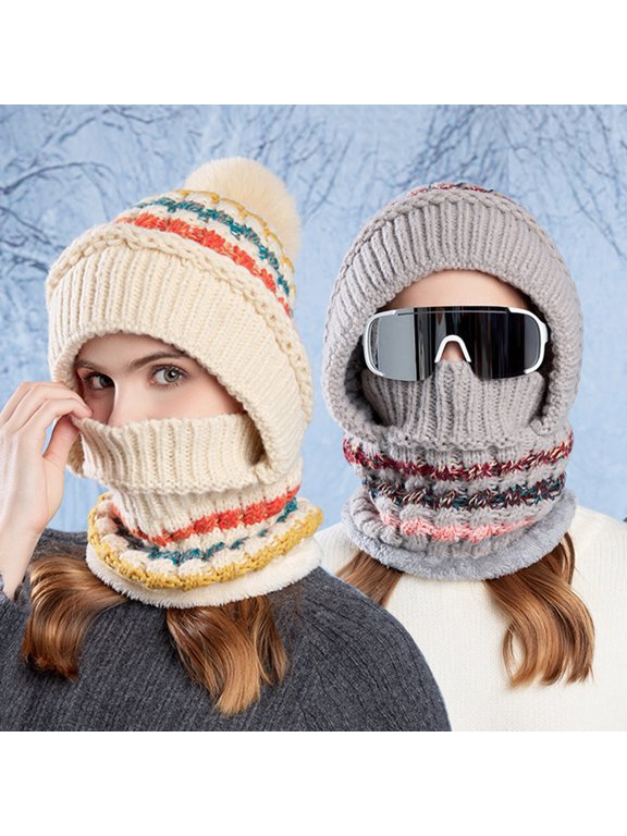 Women Double‑Layer Balaclava Hat, Polyester Knit Thermal Fleece Lined Multi‑Way Ski Face Mask Hat Scarf Combo for Skiing Biking Hiking Winter Outdoor Black
