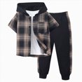 thumbnail image 1 of yboeqw 2-7 Years Boys Clothes Fall Winter Button Down Short Sleeve Plaid Shirt Hooded Sweatshirt & Pant 2PCS Kids Boys Outfits Sets(4-5 Years,Brown), 1 of 8