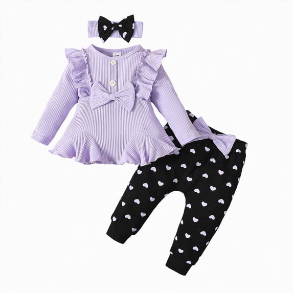 yboeqw 3 Piece Infant Baby Girl Clothes Fall Outfits Ribbed Long Sleeve T-Shirt and Leggings + Headband Fall Winter Set 6 9 12 18 24 Months,Size 6-9 Months