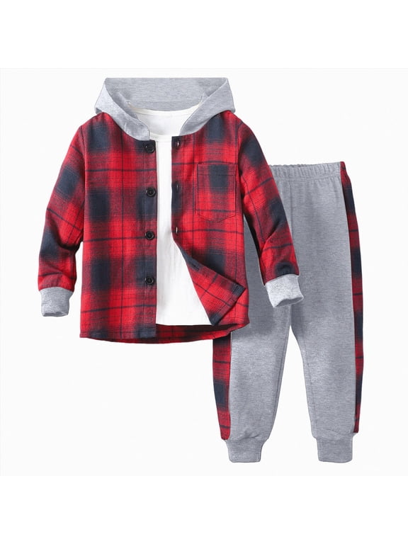 Boy Clothes Kids Plaid Long Sleeve Button Down Hoodie Sweatshirt + Pants 2Pcs Boys Outfit Set for 3T 4T 5T 6T 7T(2-3 Years,Red)