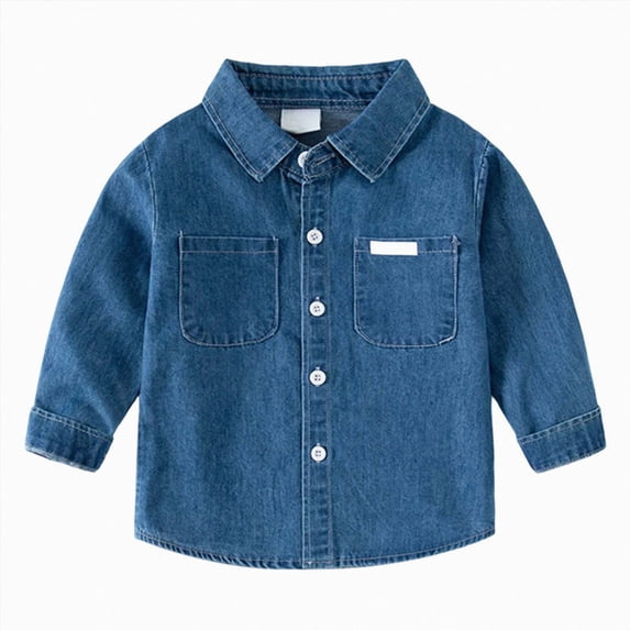 yboeqw Boys Button Up Denim Shirt Long Sleeve Lightweight Dress Shirts Kids Fall Winter Fashion Denim Top with Two Pocket(2-3 Years,Dark Blue)