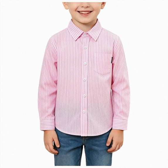 yboeqw Boys' Dress Shirt Long Sleeve Stripe Print Button Down Tee Top Little's Boy School Uniform Classic Clothes(3-4 Years,Pink)